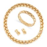A DIAMOND CASMIR NECKLACE, BRACELET AND CLIP EARRINGS SUITE, CHOPARD in 18ct yellow gold, the