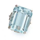 AN AQUAMARINE AND DIAMOND COCKTAIL RING in platinum, set with an emerald cut aquamarine of 56.19