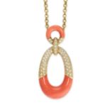 A VINTAGE CORAL AND DIAMOND PENDANT NECKLACE in 18ct yellow gold, the body designed as two hoops
