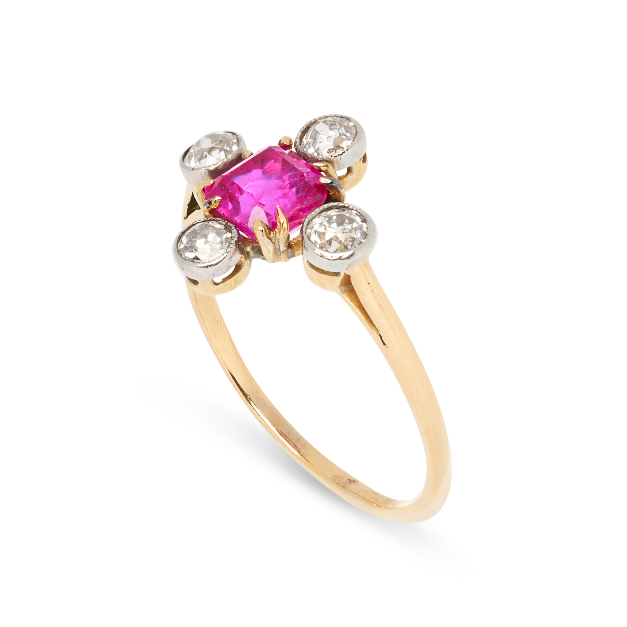 AN ANTIQUE BURMA NO HEAT PINK SAPPHIRE AND DIAMOND RING in 18ct yellow gold, set with an emerald cut - Image 2 of 2