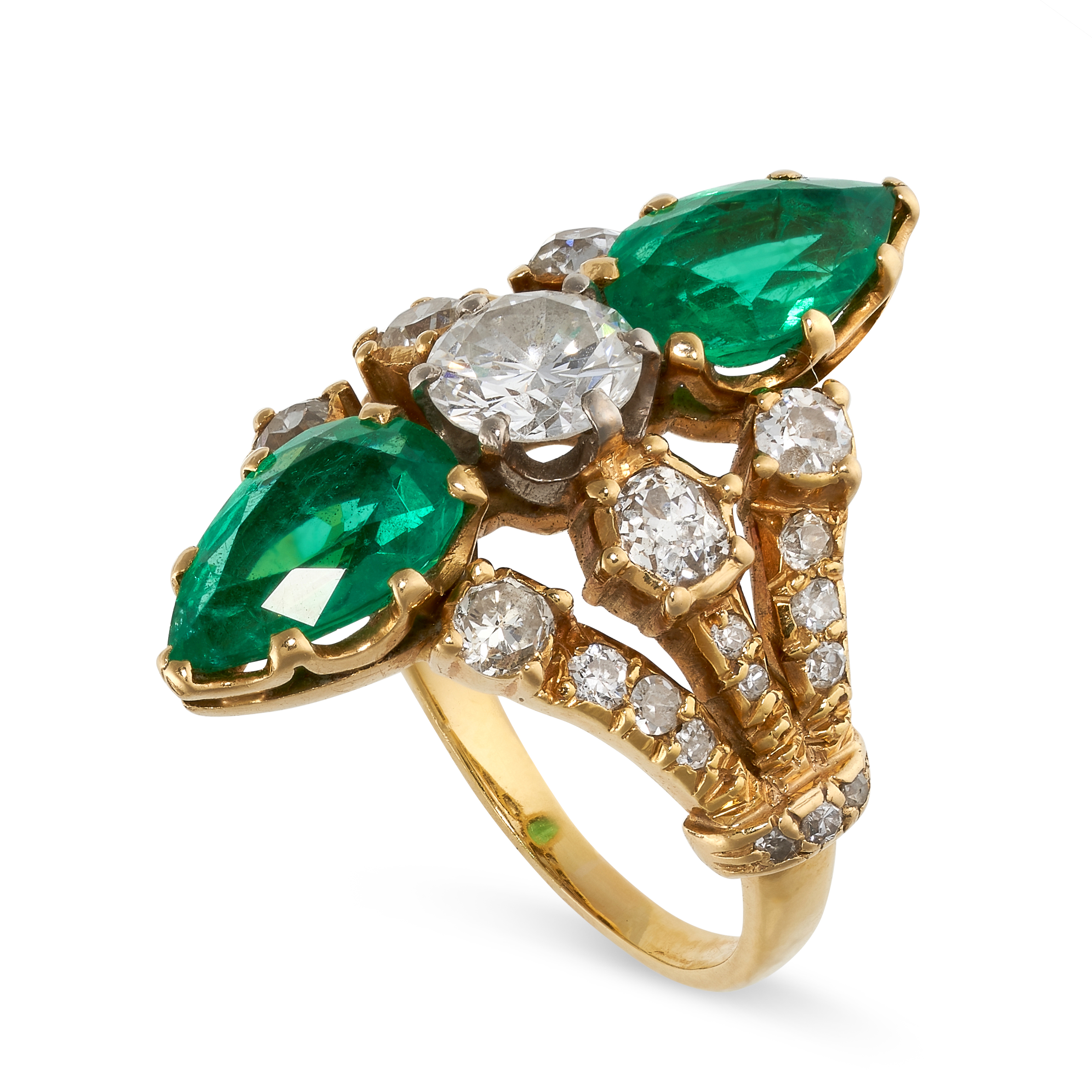 A COLOMBIAN EMERALD AND DIAMOND RING in 18ct yellow gold, set with two pear cut emeralds, both - Image 2 of 2