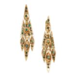 A PAIR OF ANTIQUE CATALAN EMERALD EARRINGS, CIRCA 1800 in yellow gold, the articulated bodies set