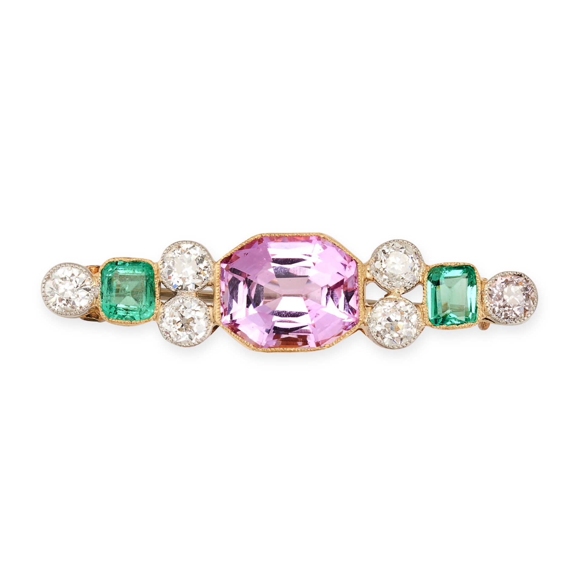 A PINK TOPAZ, EMERALD AND DIAMOND BROOCH, EARLY 20TH CENTURY in yellow gold, set with an octagonal