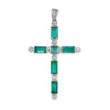 A COLOMBIAN EMERALD AND DIAMOND CROSS PENDANT set with six rectangular and square step cut emeralds,