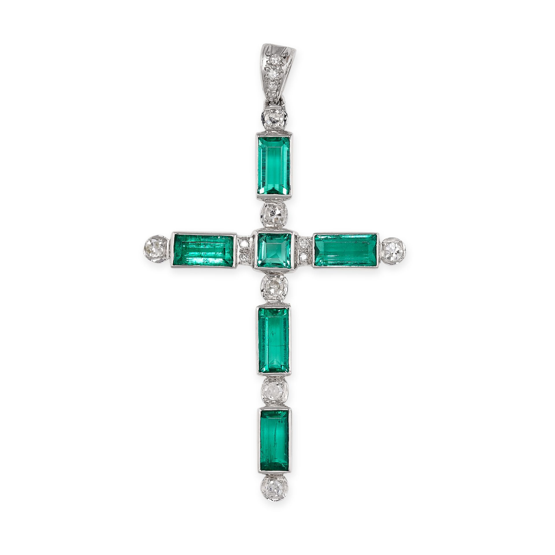 A COLOMBIAN EMERALD AND DIAMOND CROSS PENDANT set with six rectangular and square step cut emeralds,