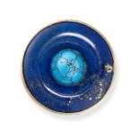 A TURQUOISE, LAPIS LAZULI AND ENAMEL RING, EARLY 20TH CENTURY in 14ct yellow gold, the circular face