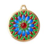 A VINTAGE PLIQUE-A-JOUR ENAMEL PENDANT, CARTIER in 18ct yellow gold, the circular body formed of a