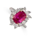 A 3.61 CARAT BURMA NO HEAT RUBY AND DIAMOND RING in 18ct white gold, set with a cushion cut ruby