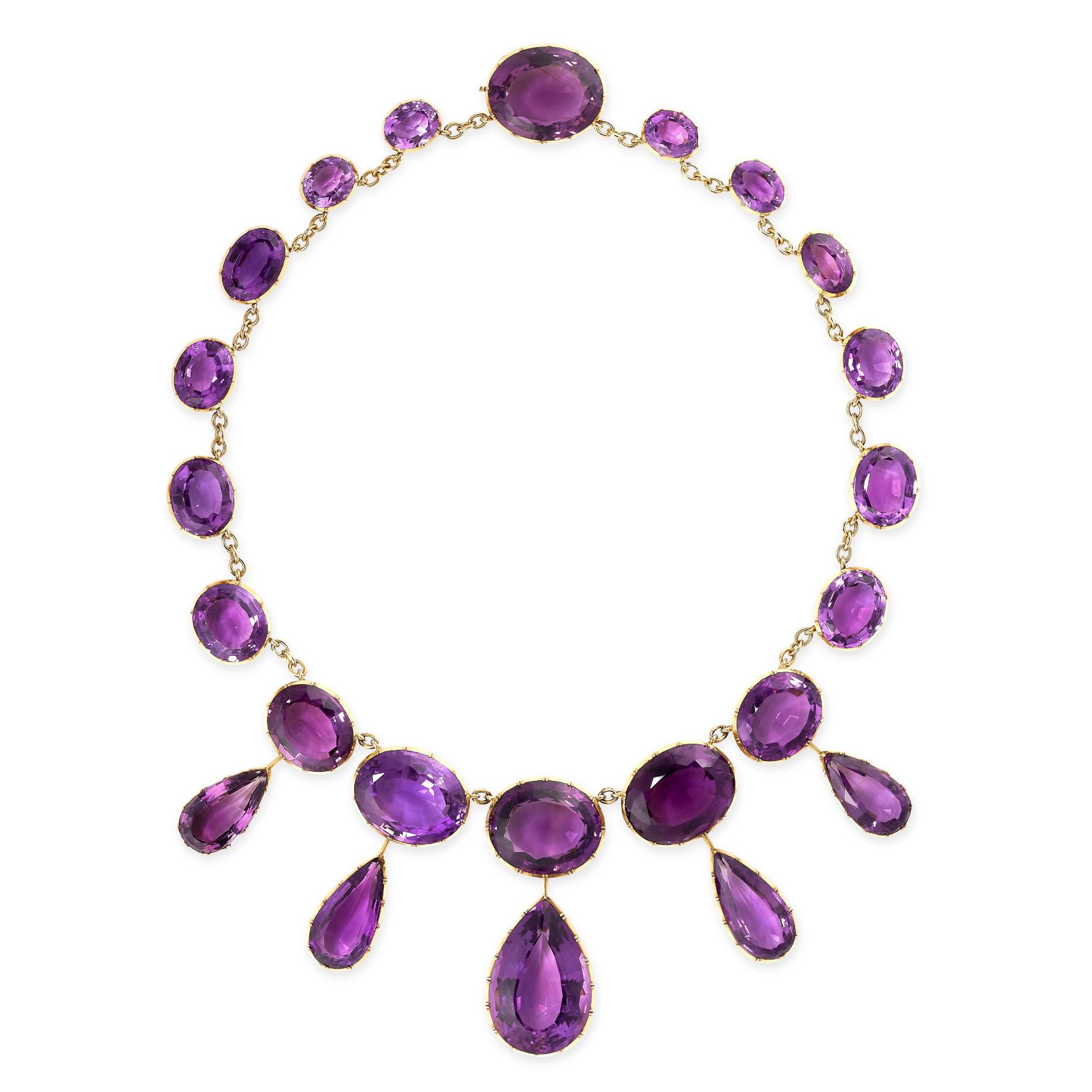 A SENSATIONAL ANTIQUE AMETHYST RIVIERE NECKLACE, CIRCA 1875 in yellow gold, comprising a row of