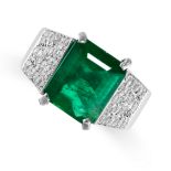 AN EMERALD AND DIAMOND RING in platinum, set with an emerald cut emerald of 3.72 carats, with panels