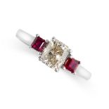 A DIAMOND AND RUBY THREE STONE RING in 18ct white gold, set with a radiant cut diamond of 1.10