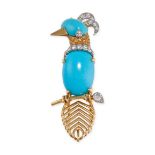 A VINTAGE TURQUOISE AND DIAMOND BIRD BROOCH, CARTIER PARIS CIRCA 1970 in 18ct yellow gold and