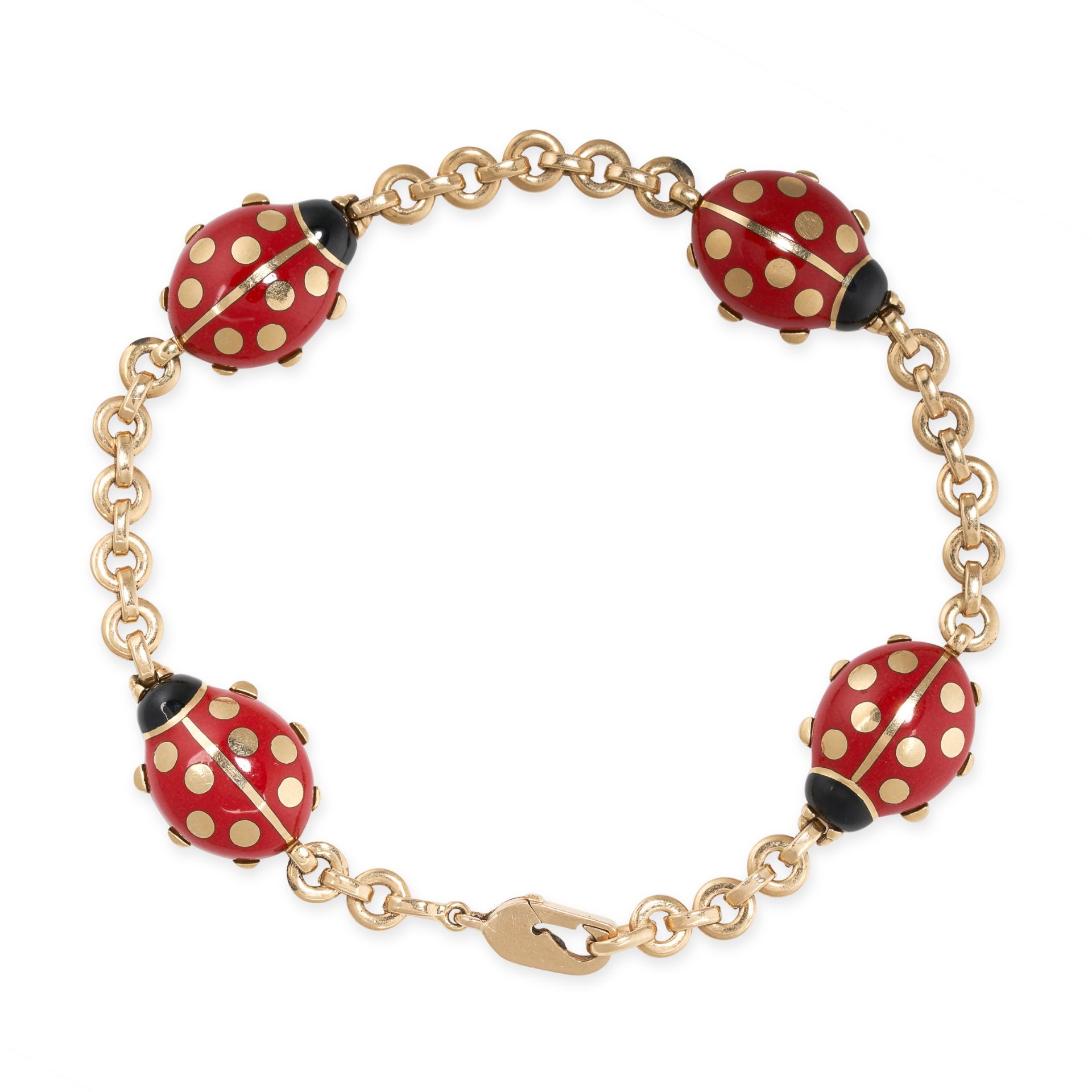 A VINTAGE ENAMEL LADYBIRD BRACELET, CARTIER in 18ct yellow gold, with four links designed as