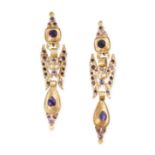 A PAIR OF ANTIQUE CATALAN AMETHYST EARRINGS, CIRCA 1800 in yellow gold, the articulated bodies set