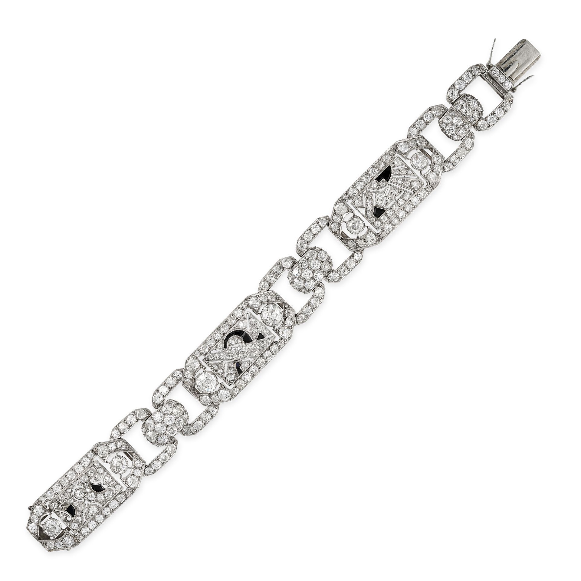 AN ART DECO DIAMOND AND ONYX BRACELET, CIRCA 1930 comprising a trio of elongated octagonal links