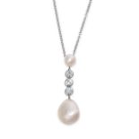 A NATURAL PEARL AND DIAMOND PENDANT NECKLACE in platinum, composed of a natural pearl measuring 6.