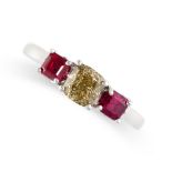 A YELLOW DIAMOND AND RUBY THREE STONE RING set with a radiant cut diamond weighing 0.92 carats