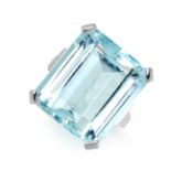 AN AQUAMARINE RING set with an emerald cut aquamarine weighing 19.57 carats, stamped 750, size L /