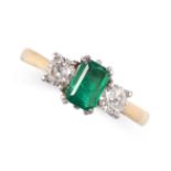 AN EMERALD AND DIAMOND DRESS RING in 18ct yellow gold, set with a step cut emerald of 0.55 carats