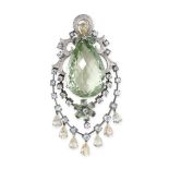 A PRASIOLITE, AQUAMARINE AND DIAMOND PENDANT set with a large pear shaped prasiolite, within a