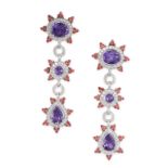 A PAIR OF AMETHYST, ORANGE SAPPHIRE AND DIAMOND DROP EARRINGS each of pendent design, composed of