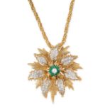 AN EMERALD AND DIAMOND PENDANT NECKLACE the pendant designed as a textured flower, set with round