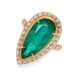 AN EMERALD AND DIAMOND RING set with a pear shaped emerald of 8.16 carats in a border of round cut