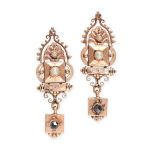 A PAIR OF ANTIQUE PEARL AND DIAMOND EARRINGS, 19TH CENTURY, each composed of a square surmount set