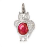 ADLER, A RUBY AND DIAMOND OWL PENDANT / CHARM in 18ct white gold, designed as an owl, set with a