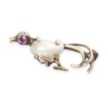 A PEARL AND RUBY BIRD BROOCH the body set with a pearl, accented by a round cut ruby to the eye,