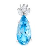 AN AQUAMARINE AND DIAMOND PENDANT set with a pear cut aquamarine weighing 11.20 carats, accented