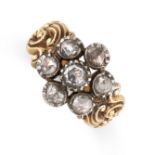 AN ANTIQUE DIAMOND DRESS RING, 19TH CENTURY in yellow gold and silver, set with a cluster of seven