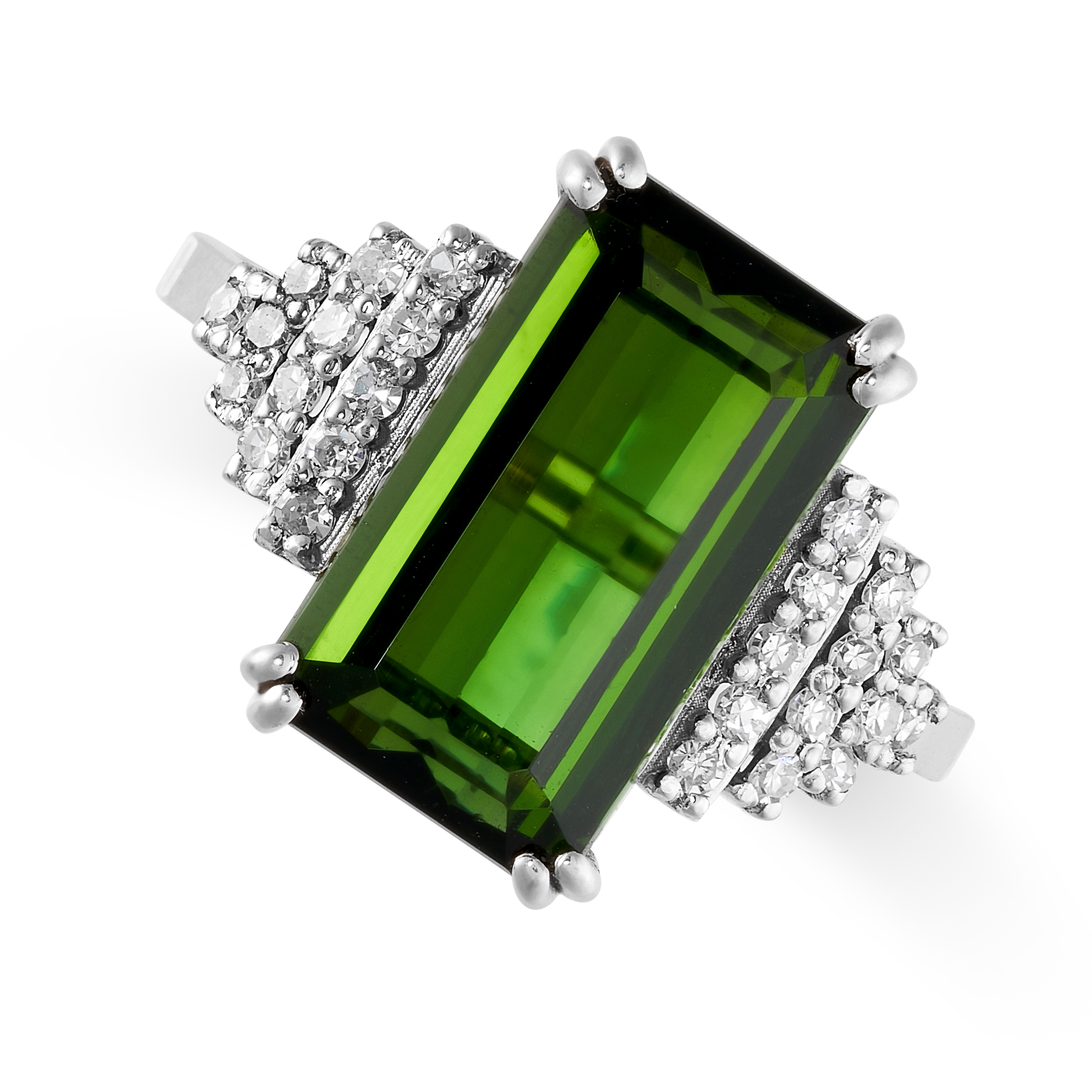 A GREEN TOURMALINE AND DIAMOND RING set with a step cut green tourmaline weighing 4.66 carats,