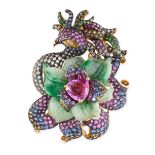 ATTRIBUTED TO WENDY YUE, A SAPPHIRE, JADEITE AND DIAMOND RING designed as a phoenix partially