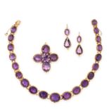 AN AMETHYST RIVIERE NECKLACE, PENDANT AND EARRINGS SUITE in yellow gold, the necklace comprising a