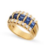 A VINTAGE SAPPHIRE AND DIAMOND DRESS RING in 18ct yellow gold, the tapering band set with trios of