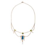 AN OPAL, PERIDOT AND PEARL NECKLACE, EARLY 20TH CENTURY in yellow gold, the chain set with a trio of