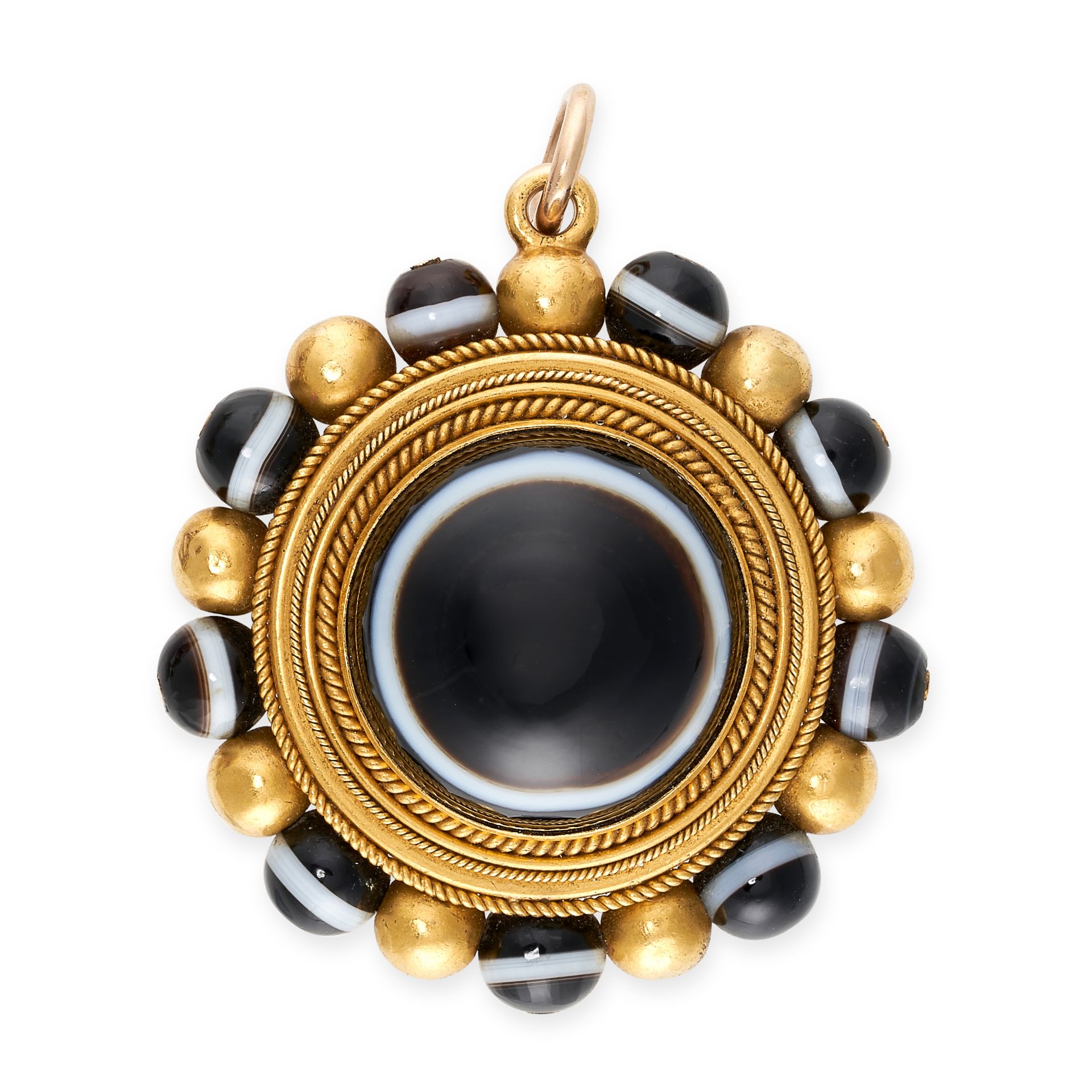 AN ANTIQUE BANDED AGATE AND ENAMEL MOURNING LOCKET PENDANT, 19TH CENTURY in yellow gold, the