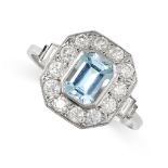 AN AQUAMARINE AND DIAMOND RING set with an emerald cut aquamarine within a border of round cut