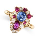 AN ANTIQUE EDWARDIAN SAPPHIRE, RUBY AND DIAMOND RING in 18ct yellow gold, the shield shaped face set