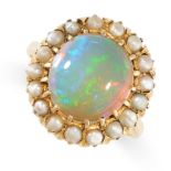 AN OPAL AND PEARL CLUSTER RING in 18ct yellow gold, set with an oval cabochon opal in a cluster of