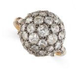 A DIAMOND BOMBE DRESS RING set with old cut and rose cut diamonds, the shoulders of scrolled design,