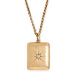 AN ANTIQUE DIAMOND LOCKET PENDANT AND CHAIN, 1904 in 18ct yellow gold, the hinged rectangular body