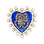 AN ANTIQUE ENAMEL, PEARL AND DIAMOND SWEETHEART LOCKET BROOCH, 19TH CENTURY in gold and silver, in