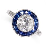 A DIAMOND AND SAPPHIRE RING of target design, set with an old cut diamond weighing 1.19 carats,