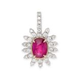 A RUBY AND DIAMOND PENDANT set with a cushion shaped ruby weighing 2.30 carats in a border of