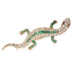 AN EMERALD AND DIAMOND SALAMANDER BROOCH its body jewelled with old cut diamonds and cushion