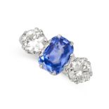 A CEYLON NO HEAT SAPPHIRE AND DIAMOND RING set with a cushion shaped blue sapphire weighing 2.55
