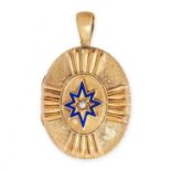 AN ANTIQUE PEARL AND ENAMEL MOURNING LOCKET PENDANT, 19TH CENTURY in yellow gold, the hinged oval