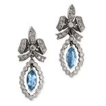 A PAIR OF AQUAMARINE AND DIAMOND EARRINGS in 18ct white gold, each set with a marquise shaped